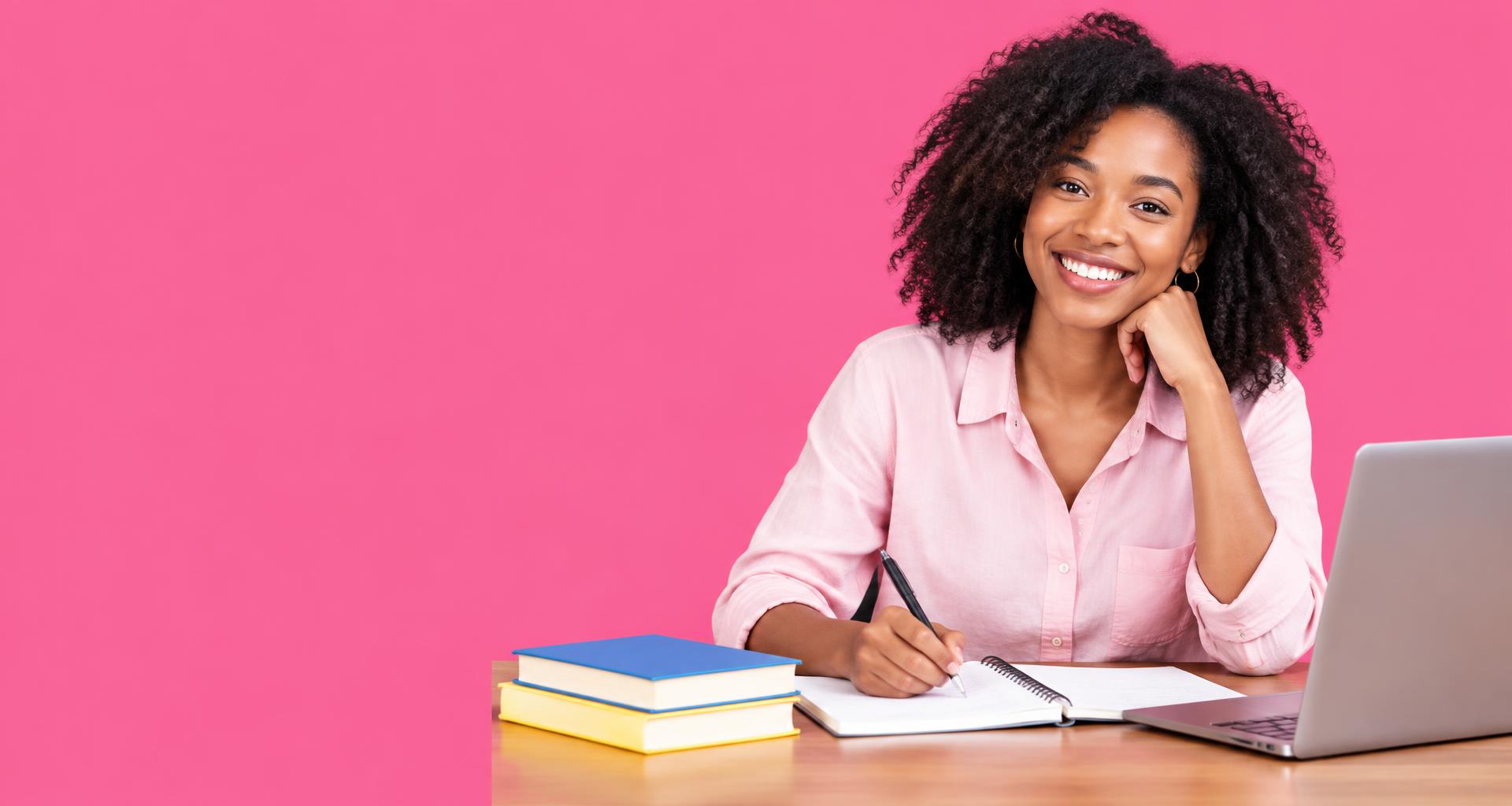 Une apprenante prépare son anglais avec son cahier et son ordinateur